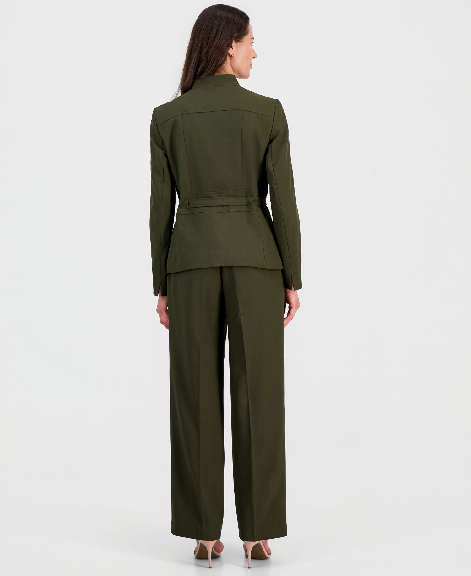 Women's Four-Button Belted Jacket & Fly-Front Wide-Leg Pants Suit