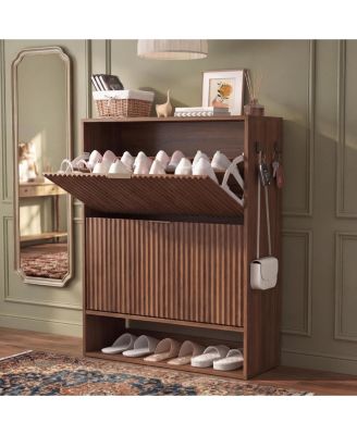 Fluted Shoe Cabinet with 2 Flip Drawers, Open Bottom Shelf and Side Hooks for Entryway Storage