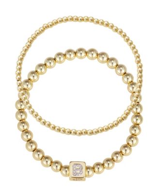 Cubic Zirconia Gold Set of 2 Initial Cube Bead Bracelet