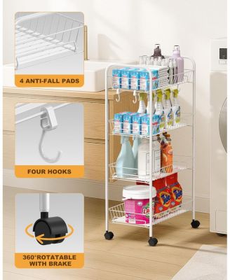 4 Tier Rolling Cart with 360&deg;Wheels, Snack Cart, Removable Wire Baskets