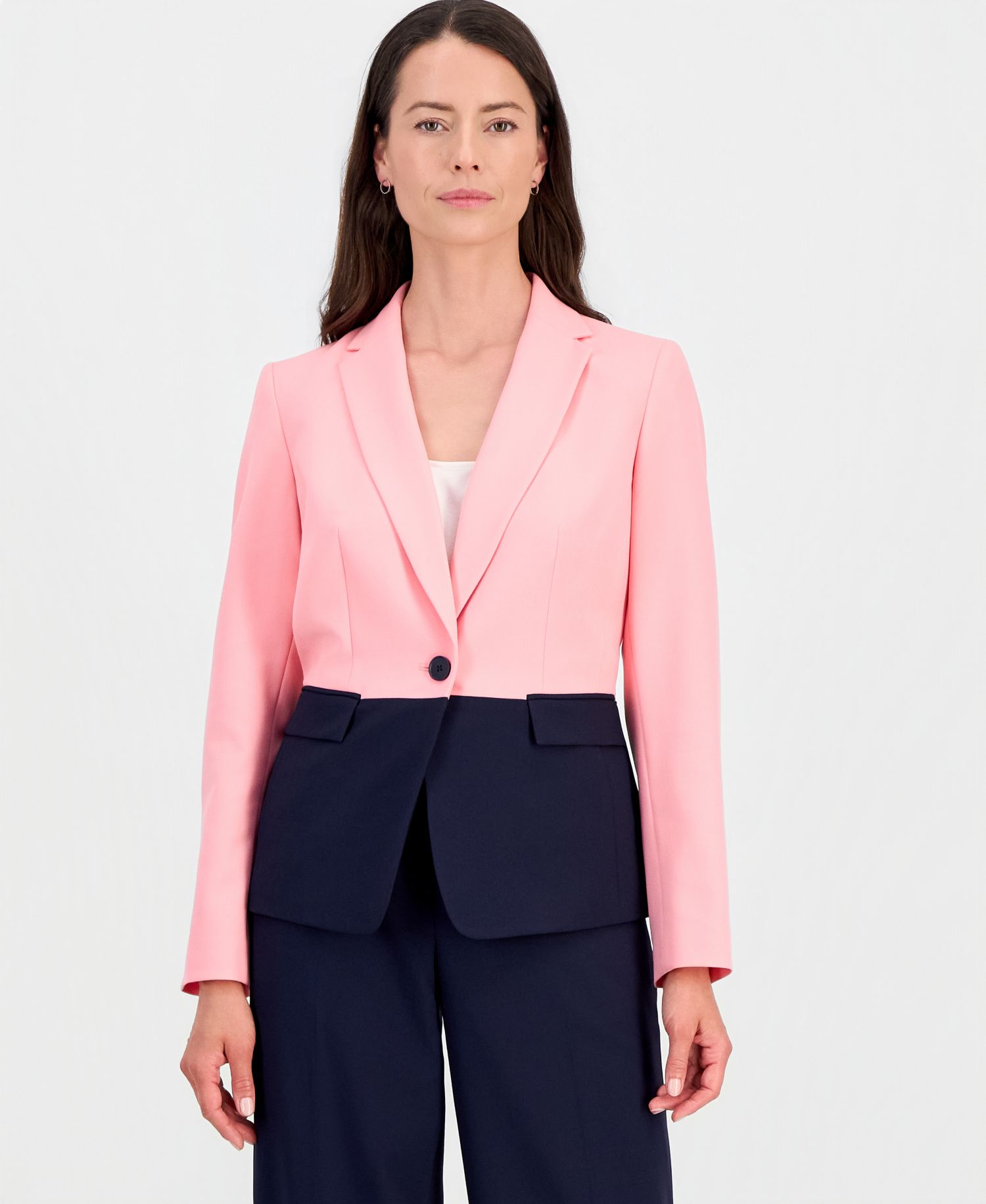 Colorblocked One-Button Peplum Jacket & Fly-Front Wide-Leg Pants Suit
