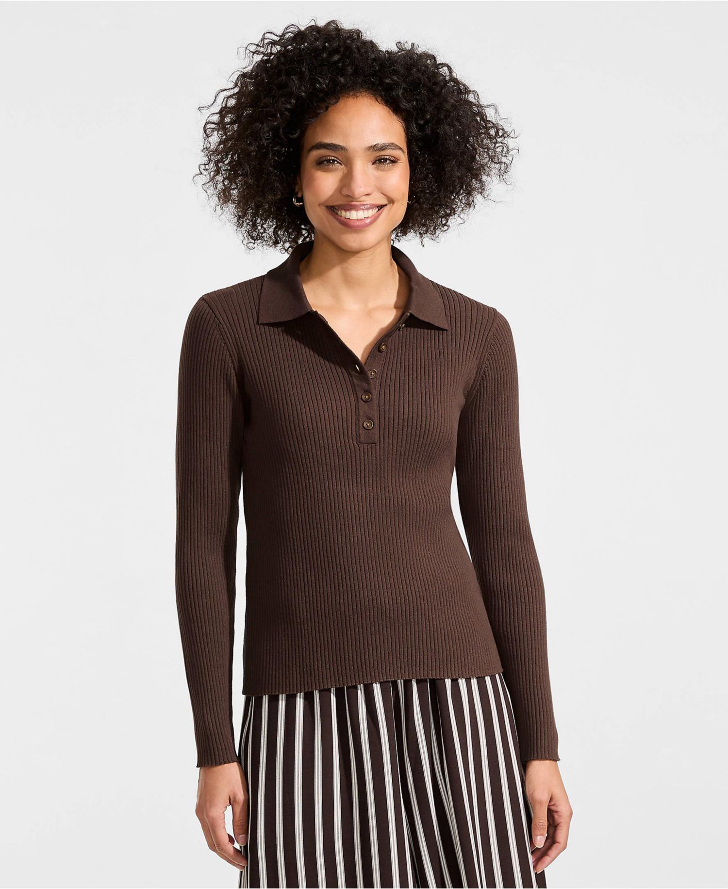 Women's Cotton Ribbed Long Sleeve Polo Sweater