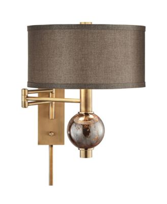Modern Swing Arm Wall Lamp Painted Polished Brass Plug-In Light Fixture Dark Taupe Drum Shade for Bedroom Living Room