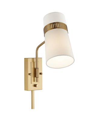 Cartwright Modern Wall Lamp Antique Brass Plug-in Light Fixture Swing Arm Beige Linen Cylinder Shade for Bedroom Bathroom Vanity