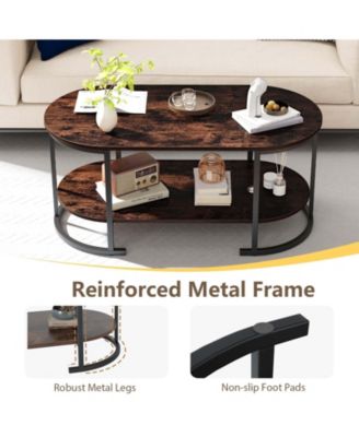 Wooden Oval Coffee Table 2 Tier with Open Storage Shelf