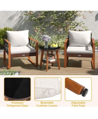 3-Piece Outdoor Wicker Patio Set with Acacia Wood and Glass Table