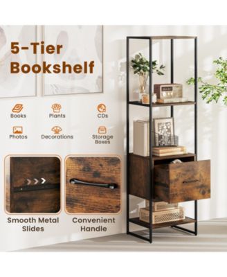 Narrow 5-Tier Bookcase with Open Shelves and Storage Drawer