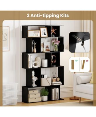 Five Tier Geometric Bookcase with Open Shelves and Cube Storage