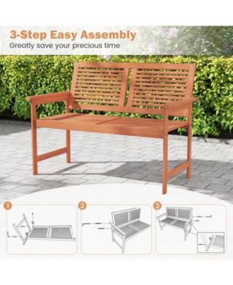 Outdoor Wooden Patio Bench for Two with Slatted Back and Seat