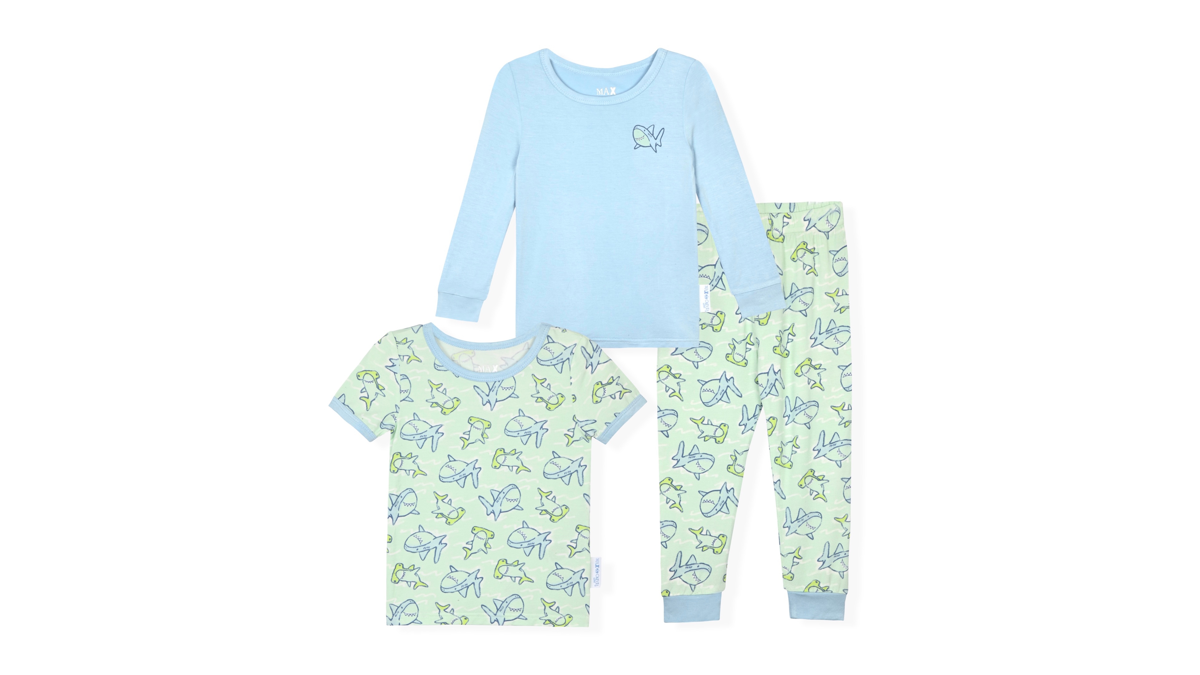 Max & Olivia Boys' 12M-5T Shark Print Crewneck Top and Pants Sleep & Play, 3-Piece Set