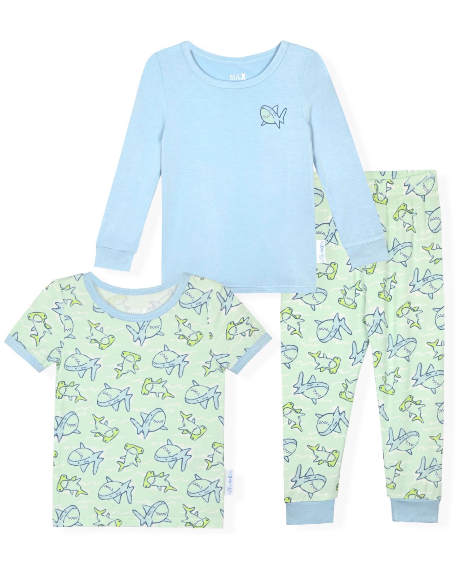 Baby and Toddler Boys 12M-5T Shark Print Crewneck Top and Pants, 3-Piece Pajama Set