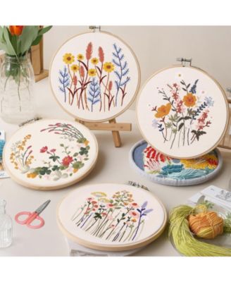 5 Pack Beginner Embroidery Kit Adults Floral Patterns Hoop Threads Tools