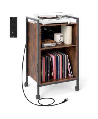 Mobile Record Player Stand with Power Outlet Storage