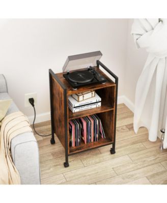 Mobile Record Player Stand with Power Outlet Storage