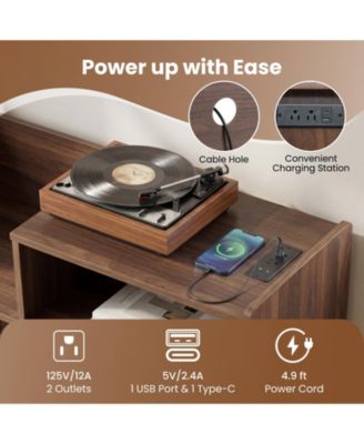 Large Record Player Stand with LED Lights Power Outlets and Door
