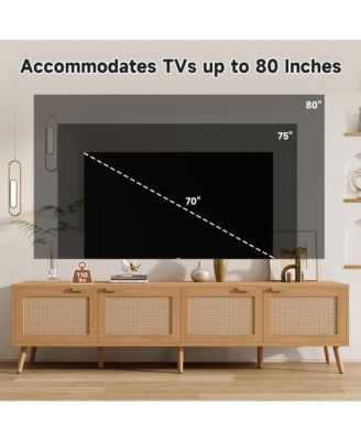 70 inch Modern Cabinet TV Stand with Rattan Doors Media Console with Storage Space & Cable Holes