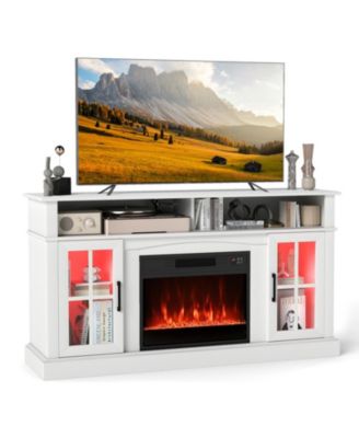 58 in Fireplace TV Stand with LED Lights and Glass Door Cabinets