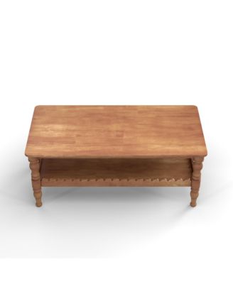 Rectangle Coffee Table, Solid Wood Center Table, Farmhouse 2-Tier Sofa Table, Wave-Edge Design for Living Room