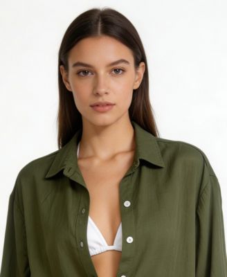 Women's Long-Sleeve Collared Cover-Up Beach Swim Cover-Up Shirt