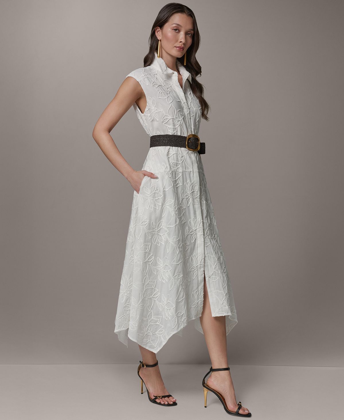 Donna Karan New York Women's Collared Neck Belted Midi Dress view 3 — MAYCSS fashion products