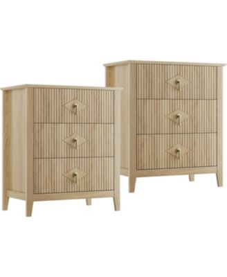 2-Pack Fluted 3-Drawer Dresser Wide, Modern Chest Organizer, Metal Handle, Bedroom or Hallway