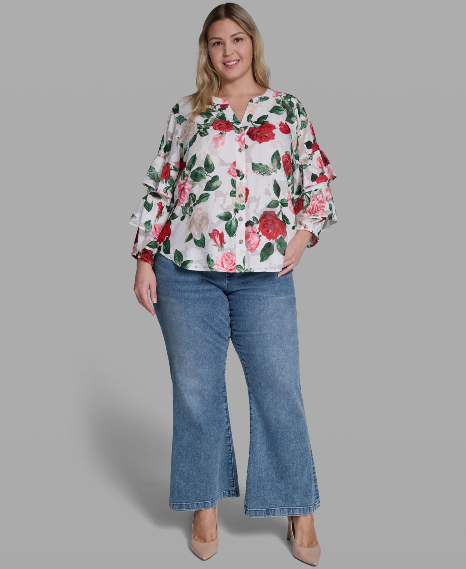 Plus Size V-Neck Floral-Print Blouse