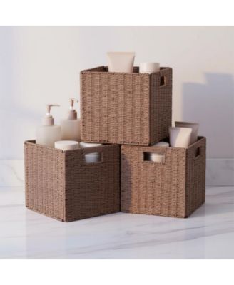 3 Pack Wicker Storage Baskets Foldable Handwoven Square Organizer Bins Rustic Decorative Shelf Closet Organizers