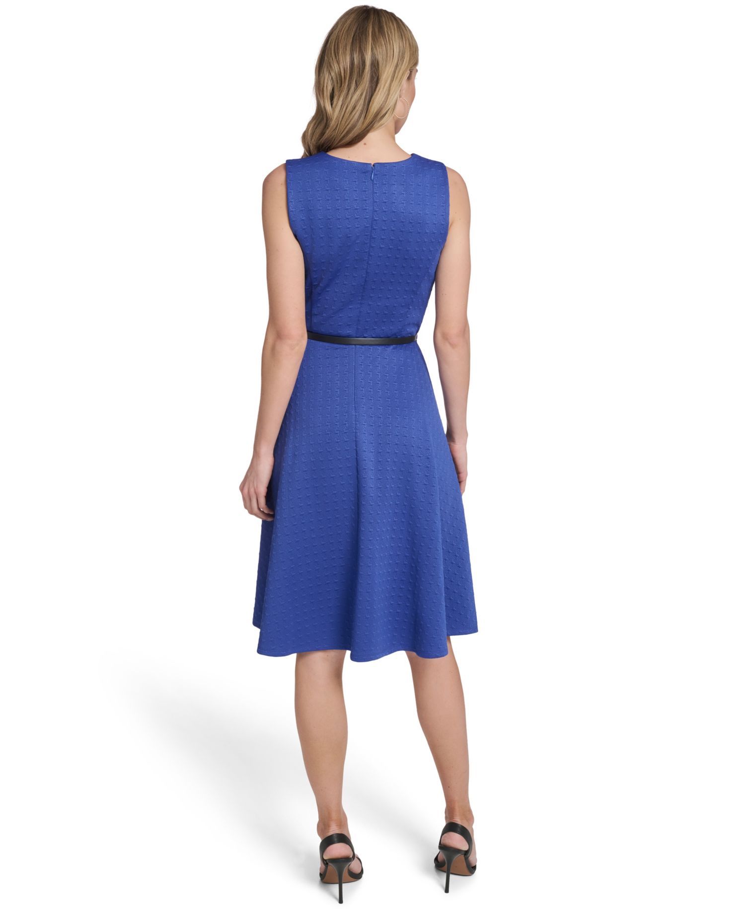 Women's Sleeveless Belted Midi Fit and Flare Dress