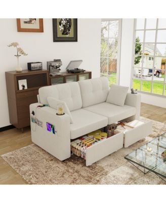 Loveseat Sofa, 67" Chenille 2-Seater Couch - Storage, USB Charging, Cup Holder and Wood Frame for Living Room, Apartment