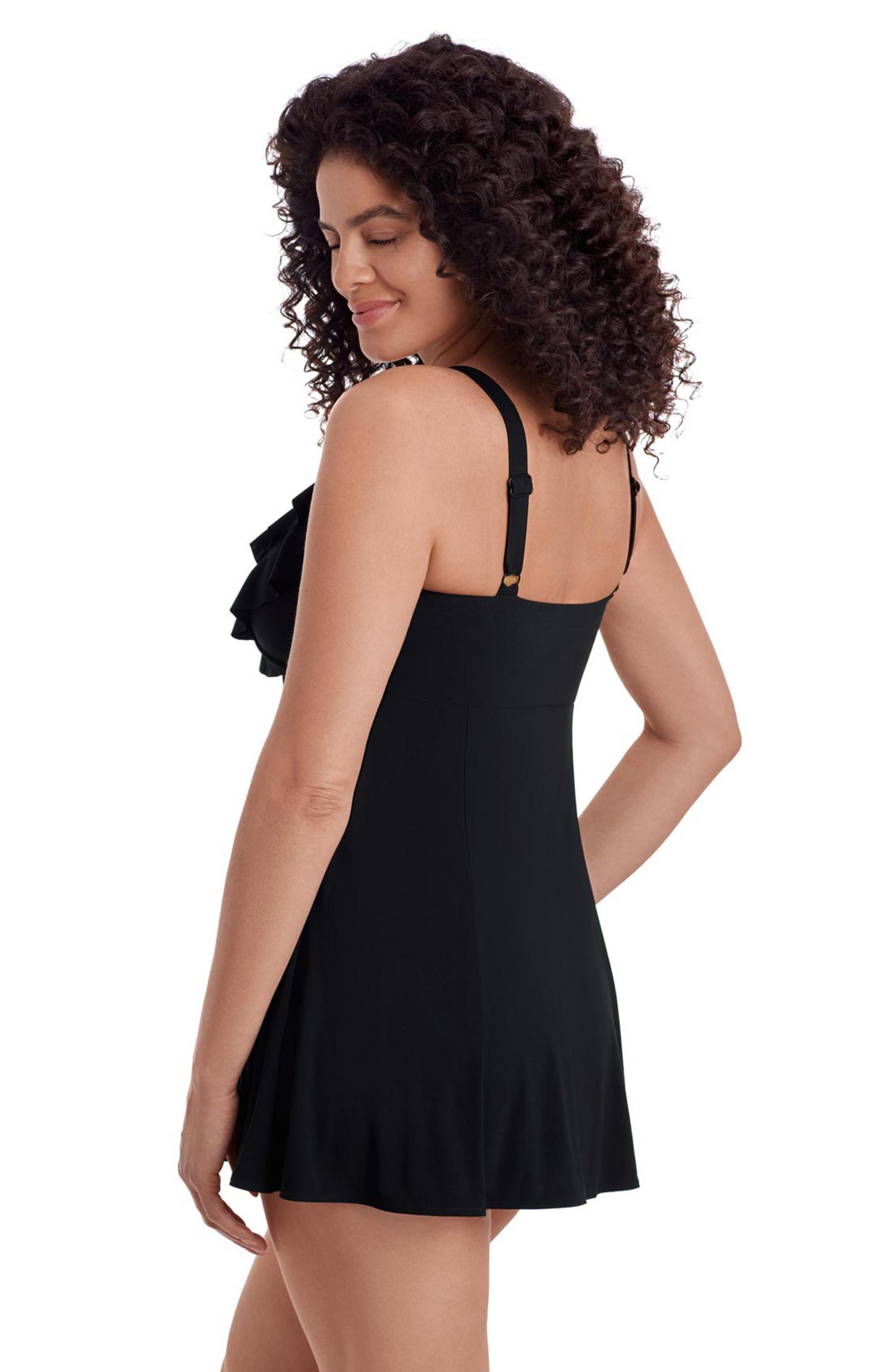Women's Solid Black Ruffle Front Long Torso Swim Dress
