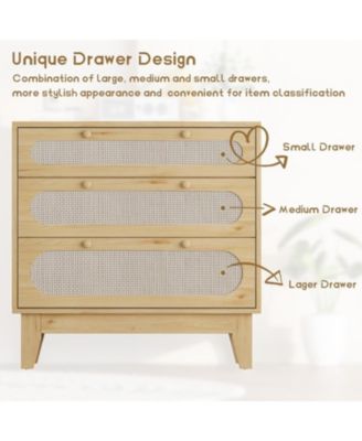 Modern Rattan 3 Drawer Dresser, Sturdy Wood Chest, Spacious Storage for Hallway, Closet, Bedroom