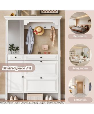 54.7in Hall Tree 4in1 Entryway Storage Shoe Cabinet Mirror Hooks Bench