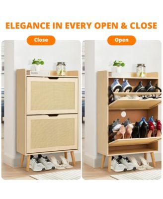 Rattan Shoe Cabinet with 2 Flip Drawers, 9.25 Inch Depth, Slim Entryway Storage