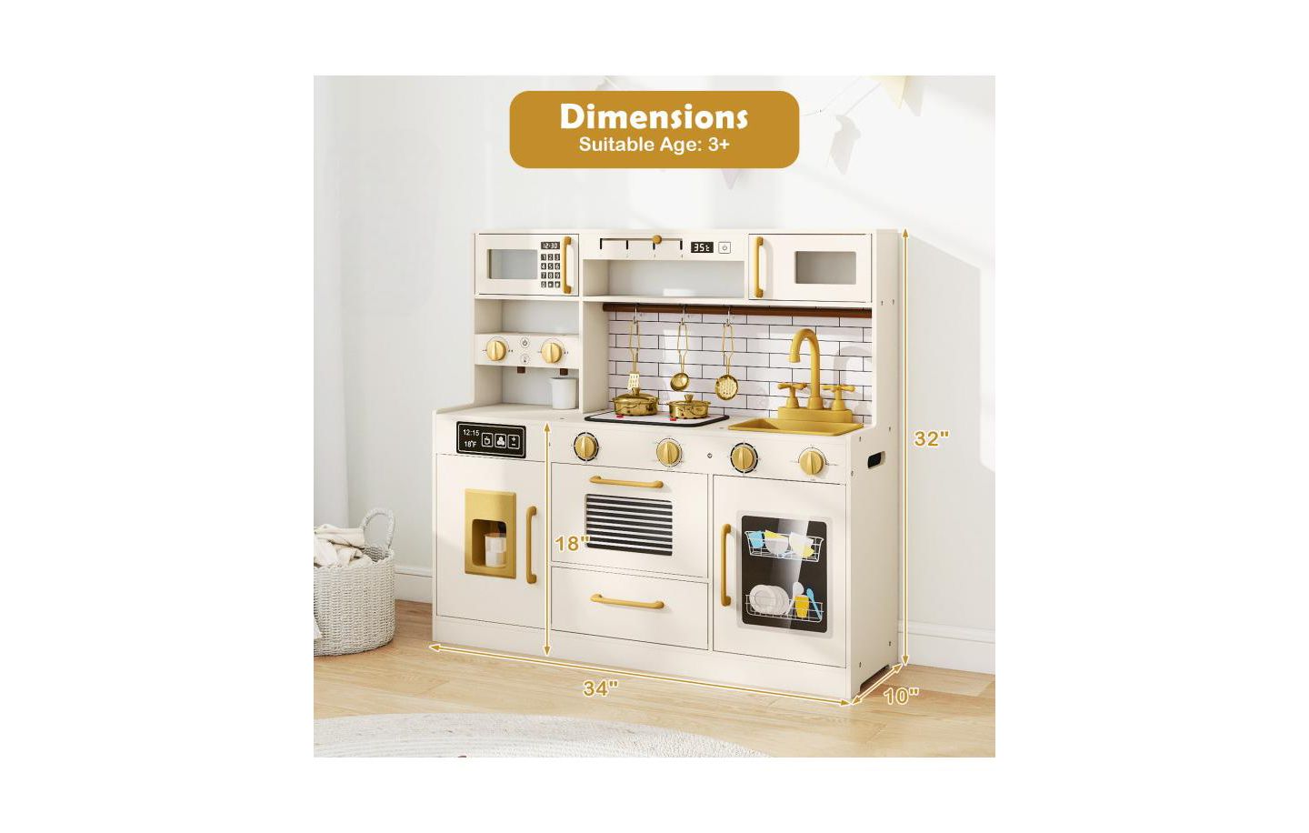 Детская игрушка Slickblue Kids Play Kitchen with Cooking Stove and Water Dispenser, от 3 лет, цвет: Бежевый — фото 3