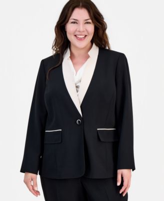 Plus Size Contrast Collar One-Button Blazer