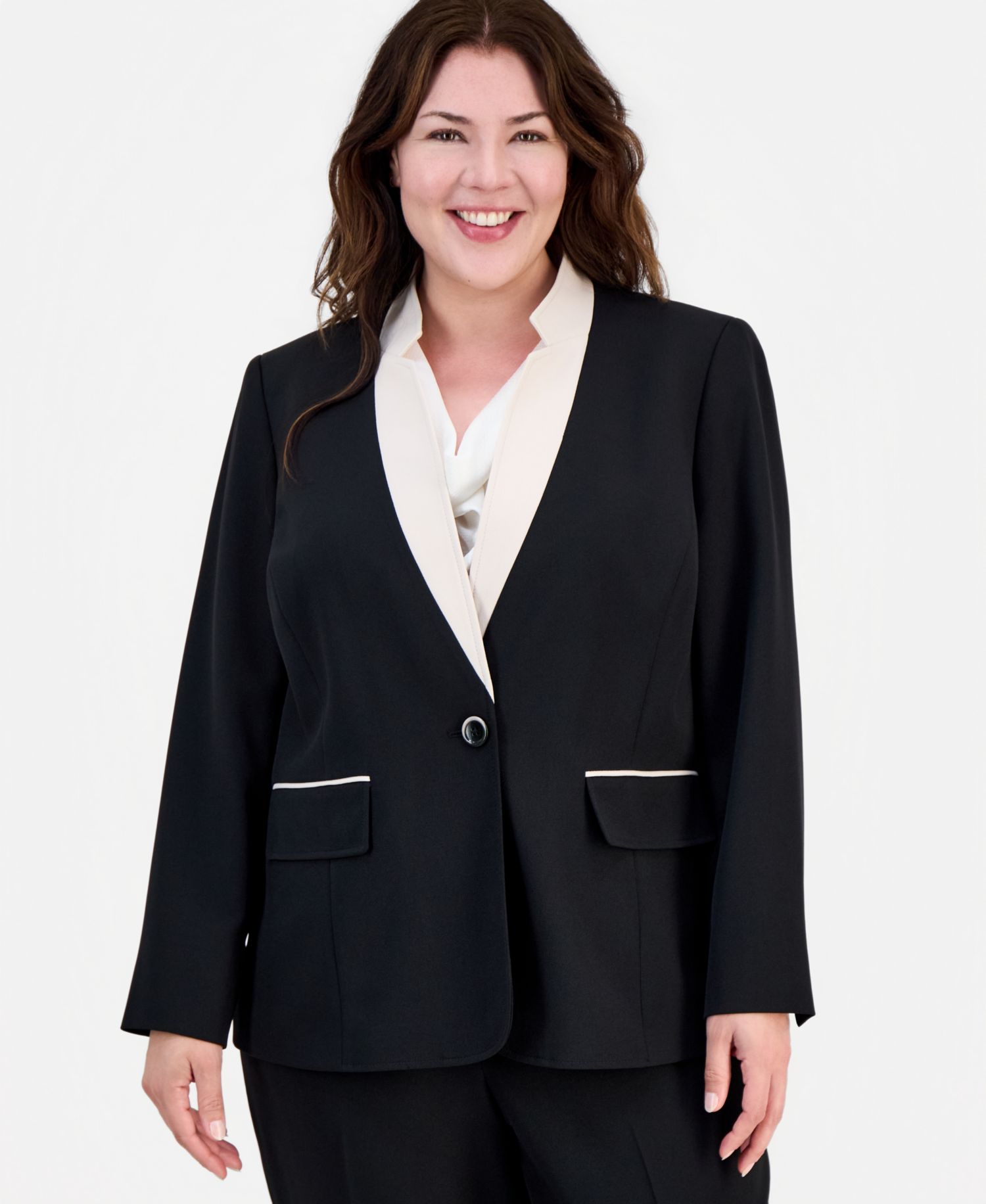 Plus Size Contrast Collar One-Button Blazer