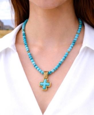Blue Turquoise Cross Golden Pendant Necklace