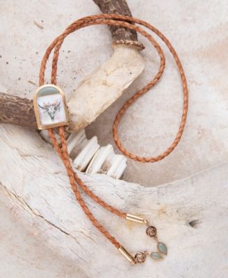 Steer Skull Green Aventurine Golden Leather Bolo Necklace