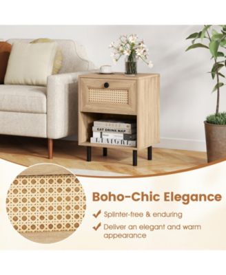 Rattan Nightstand Boho End Table with Rattan Drawer and Open Shelf