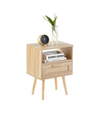 Modern Rattan End Table with Drawer and Solid Wood Legs Nightstand Cabinet