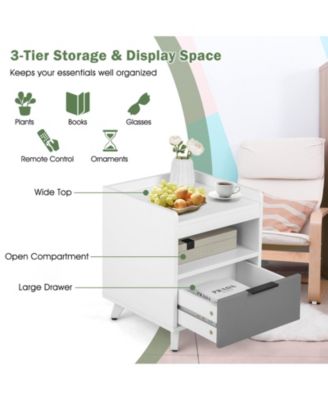 Modern Nightstand with LED Lights Sliding Drawer and Open Compartment