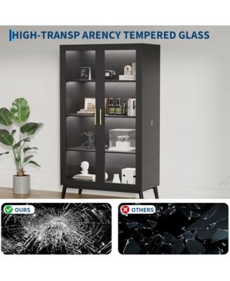 Glass Display Cabinet with RGB LED Lights – 4-Tier Curio Storage Case, Glass Doors, Motion Sensor, USB Charging