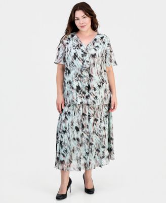 Plus Size Printed Ruffled Flutter-Sleeve Blouse & Printed Pull-On Midi Skirt