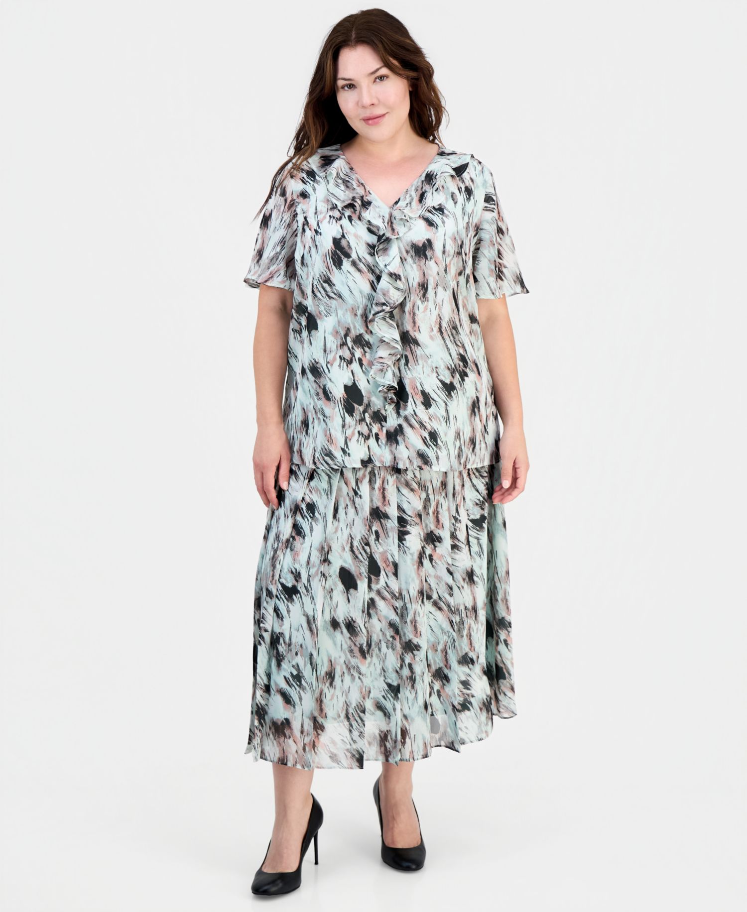 Plus Size Printed Pull-On Midi Skirt