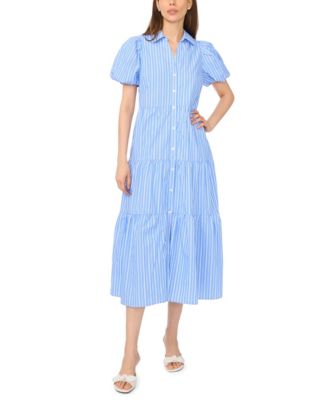 Women's Short-Sleeve Collared Midi Tiered Cotton Shirt-Dress