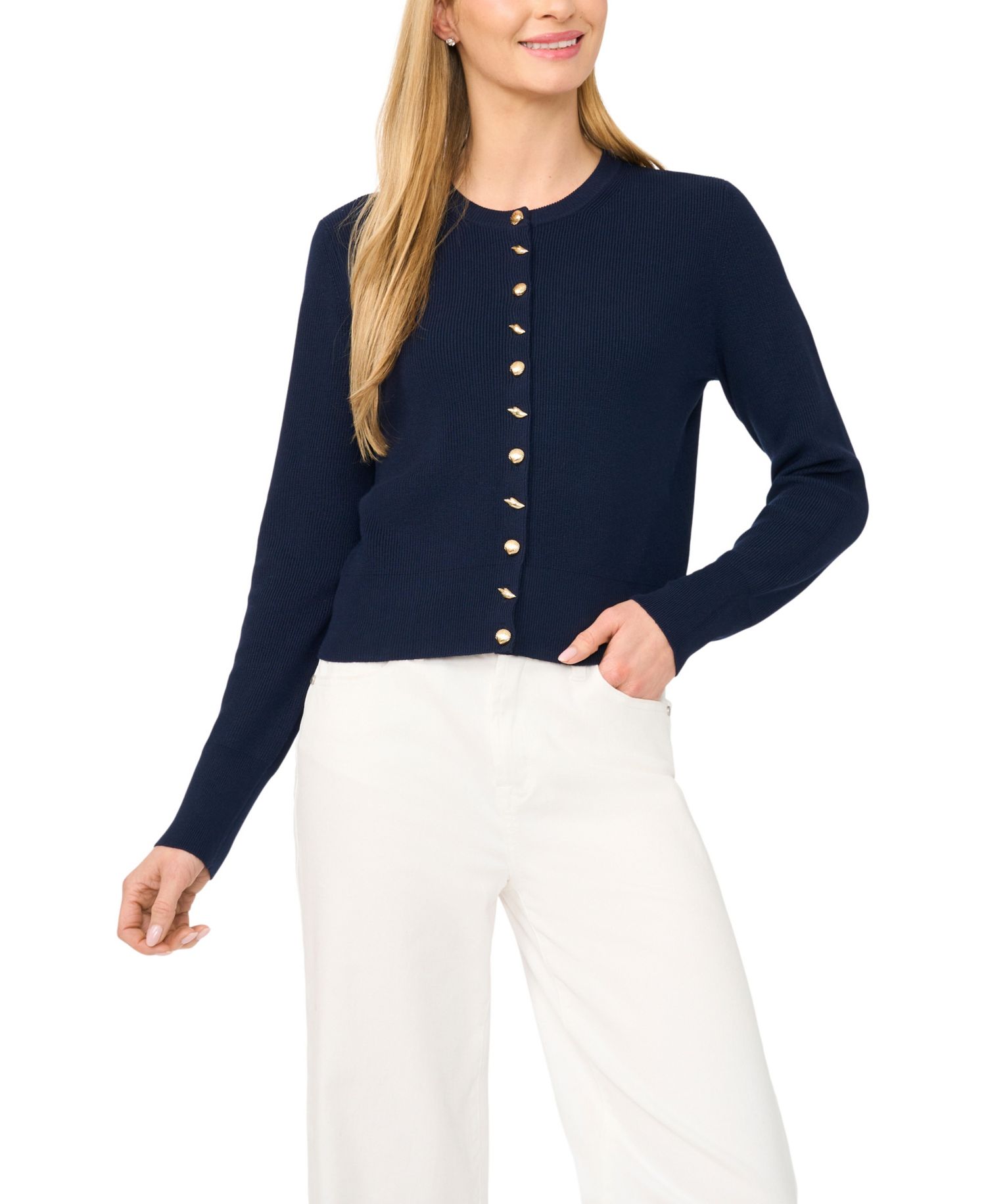 Women's Long-Sleeve Crewneck Shell-Button Cardigan Sweater