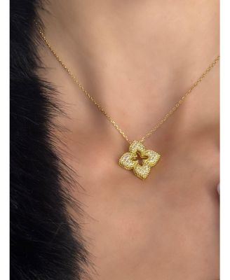 Suzy Levian Sterling Silver White Cubic Zirconia Pave Flower Clover Pendant Necklace