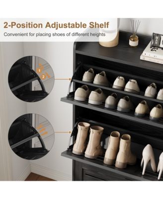 Slim Shoe Cabinet with 2 Flip Drawers and Side Hooks, Deep Entryway Storage