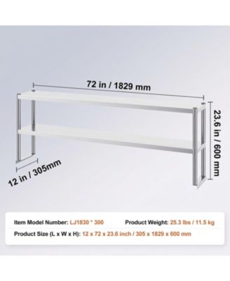 Adjustable Stainless Steel Double Overshelf 12 x 72 in for Kitchen and Workshop