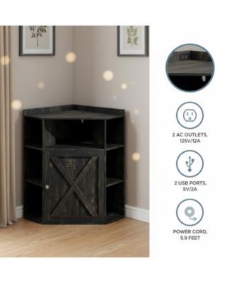 Industrial Corner Storage Shelf with Charging Station 6-Cubby Wooden Organizer for Small Spaces